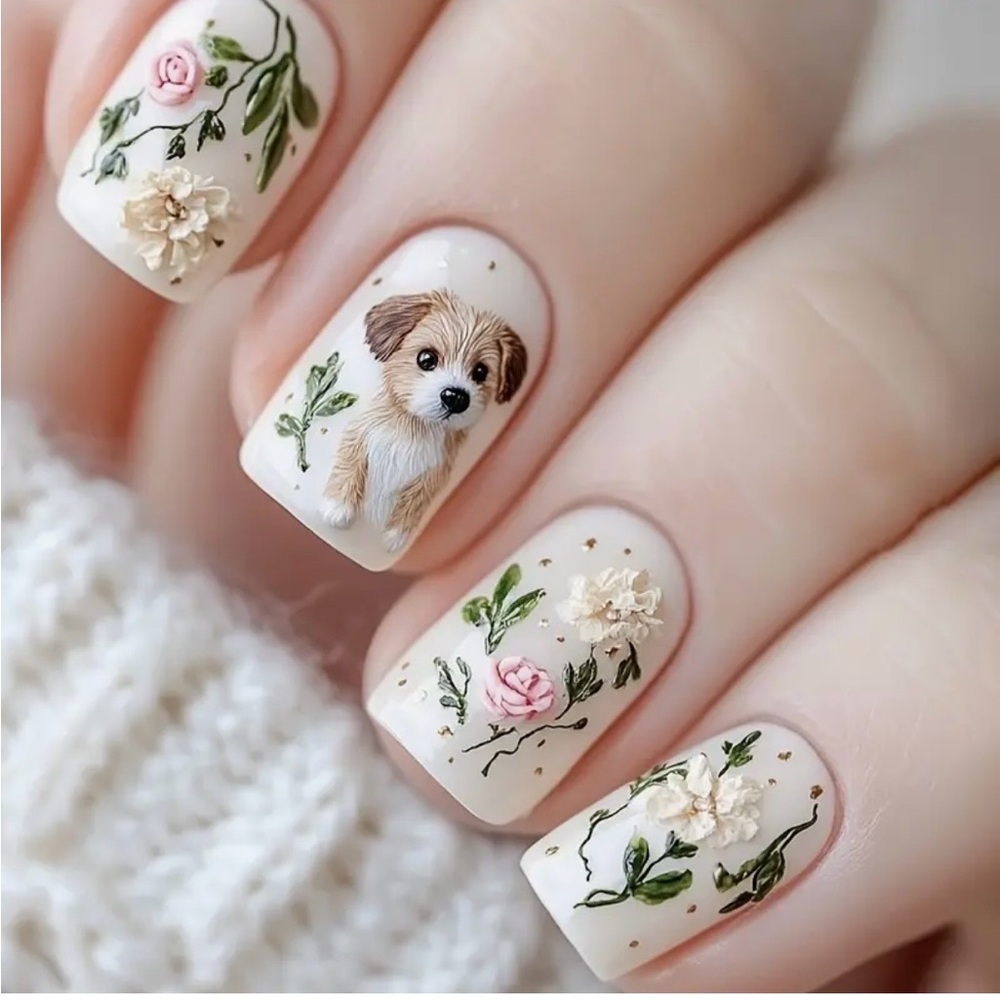 Floral and Puppy Nail Art Stickers